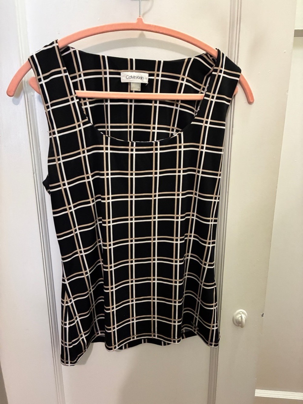 Calvin Klein Black with White and Tan Windowpane Sleeveless Blouse - M
